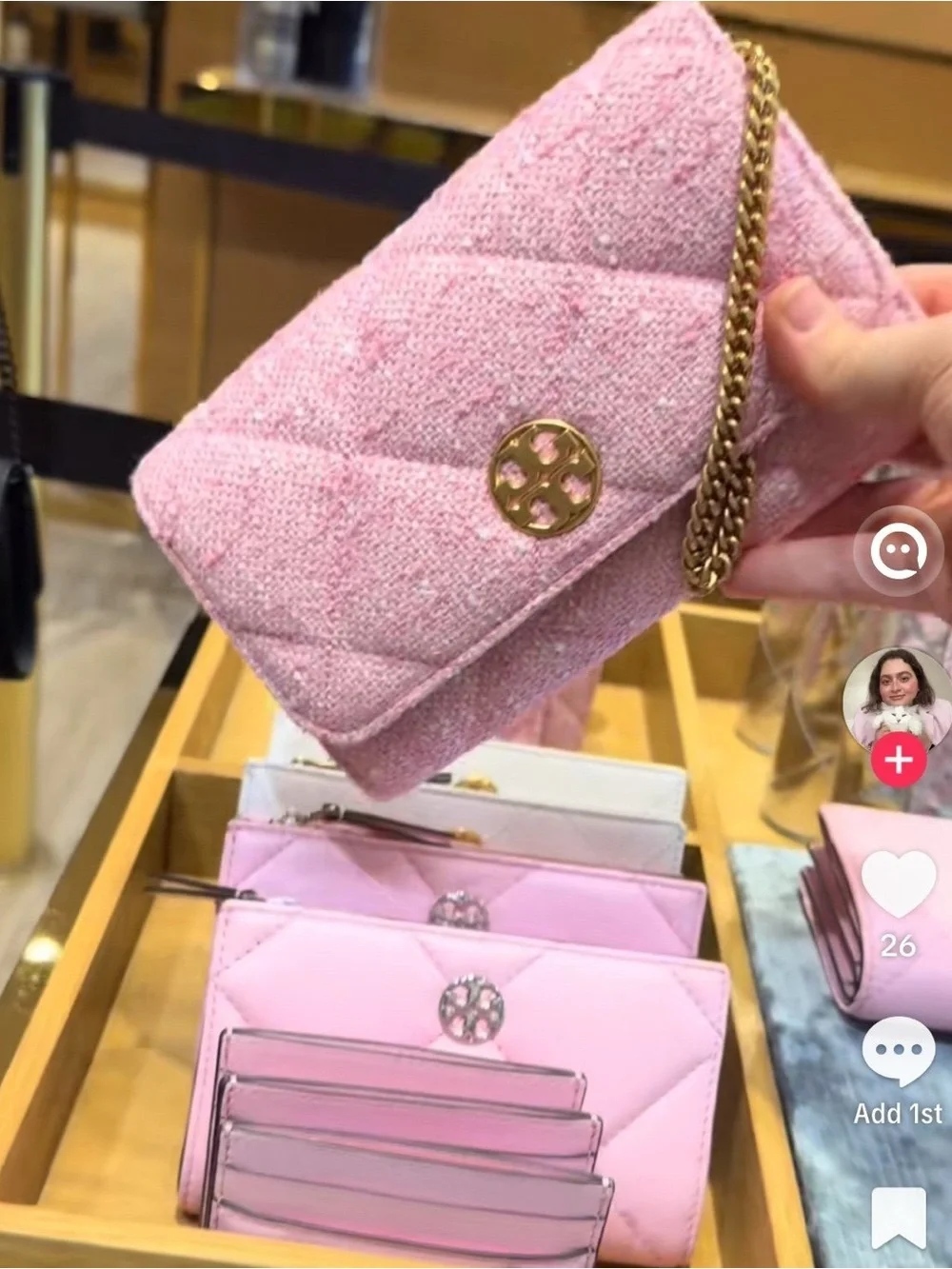 Tory Burch Pink Quilted Tweed Crossbody with Gold Chain Strap